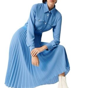 Maje Women's Rosana Pleated Midi Dress Blue Large Size 40